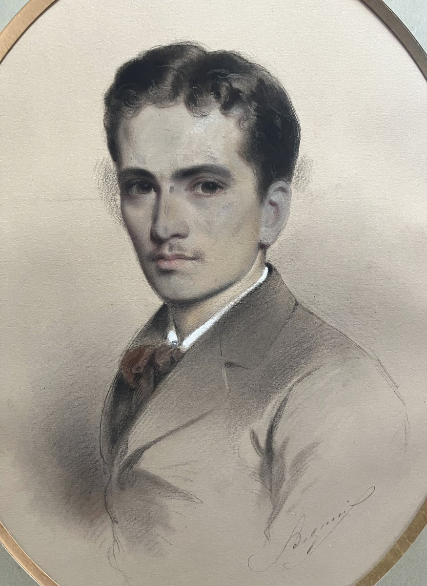 French School, 19th Century, Portrait Of A Young Man, Signed Drawing-photo-3