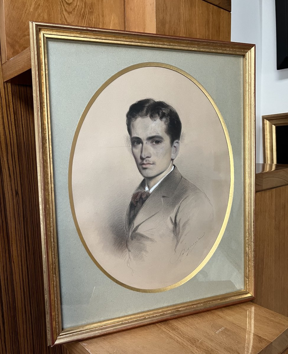 French School, 19th Century, Portrait Of A Young Man, Signed Drawing-photo-5