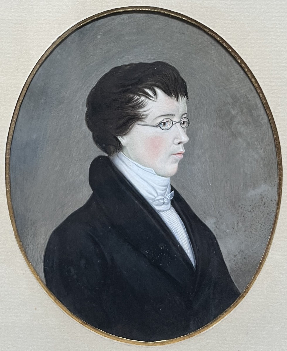German School (?) Early19th Century, Portrait Of A Young Man Wearing Glasses,  Gouache-photo-2