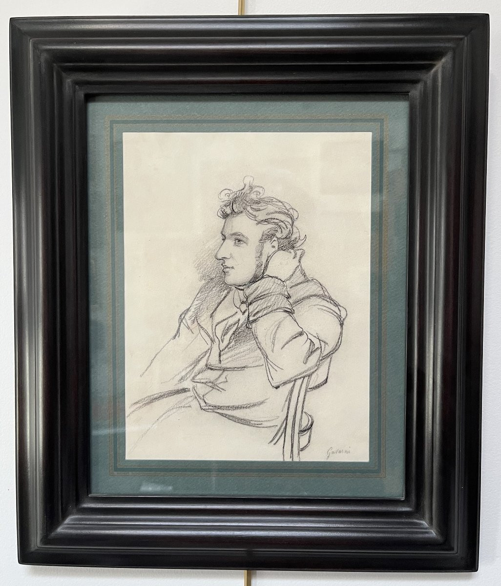 Paul Gavarni (1804-1866) Portrait d'Un Jeune Homme Accoudé, Dessin Signé-photo-1