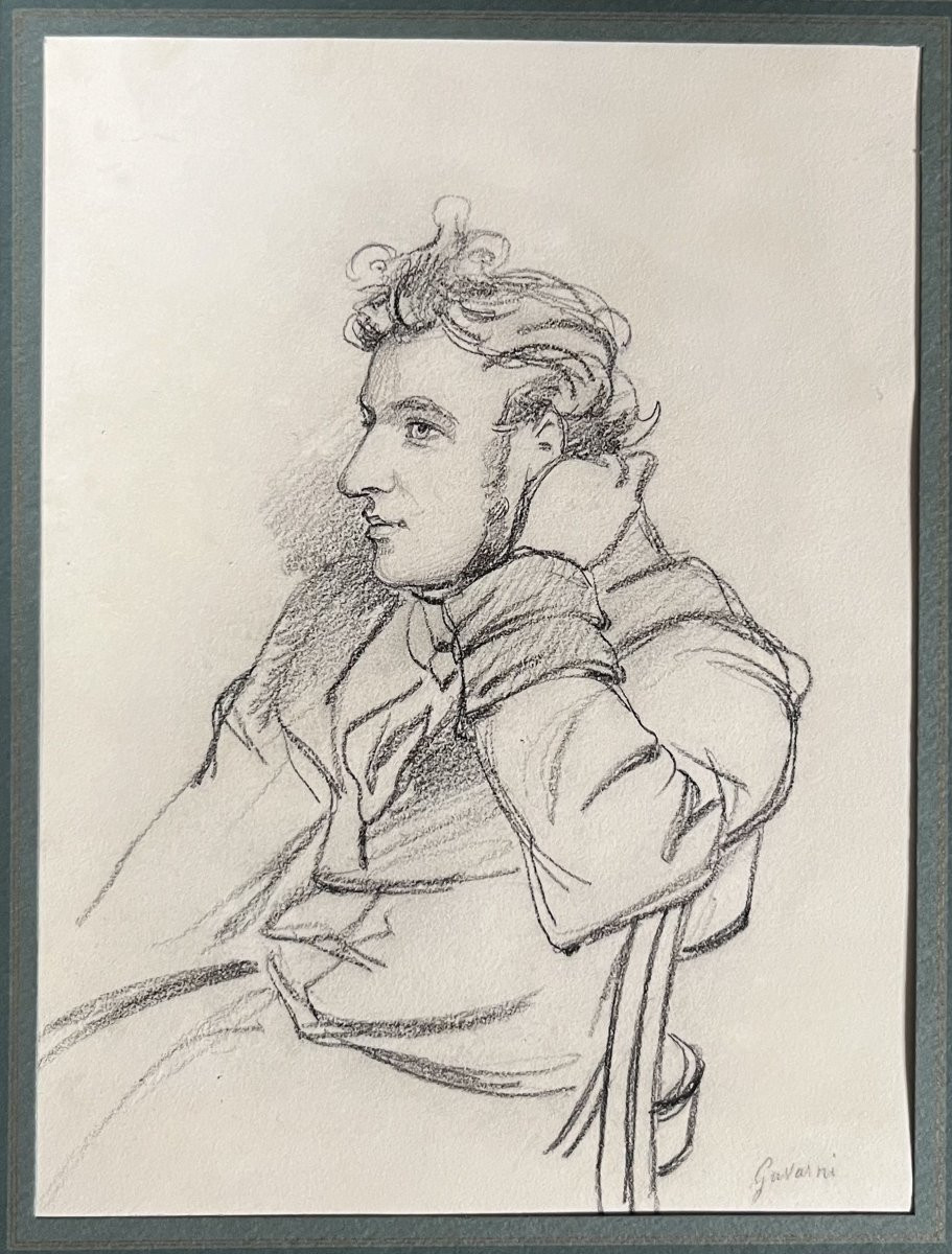 Paul Gavarni (1804-1866) Portrait d'Un Jeune Homme Accoudé, Dessin Signé-photo-6