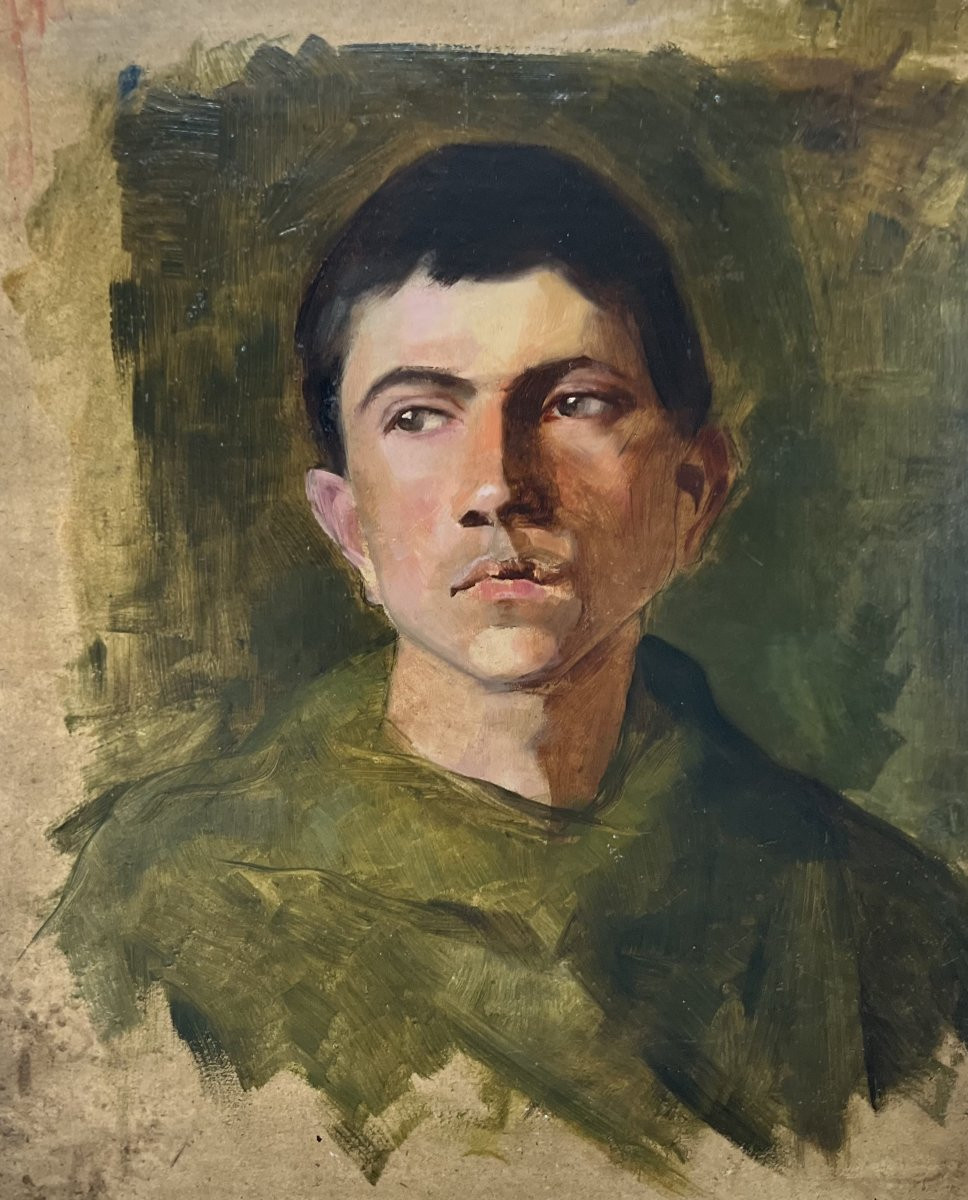 Ecole Française Du XXe Siècle,  Portrait d'Un Jeune Homme En Vert,  Huile Sur Panneau-photo-2