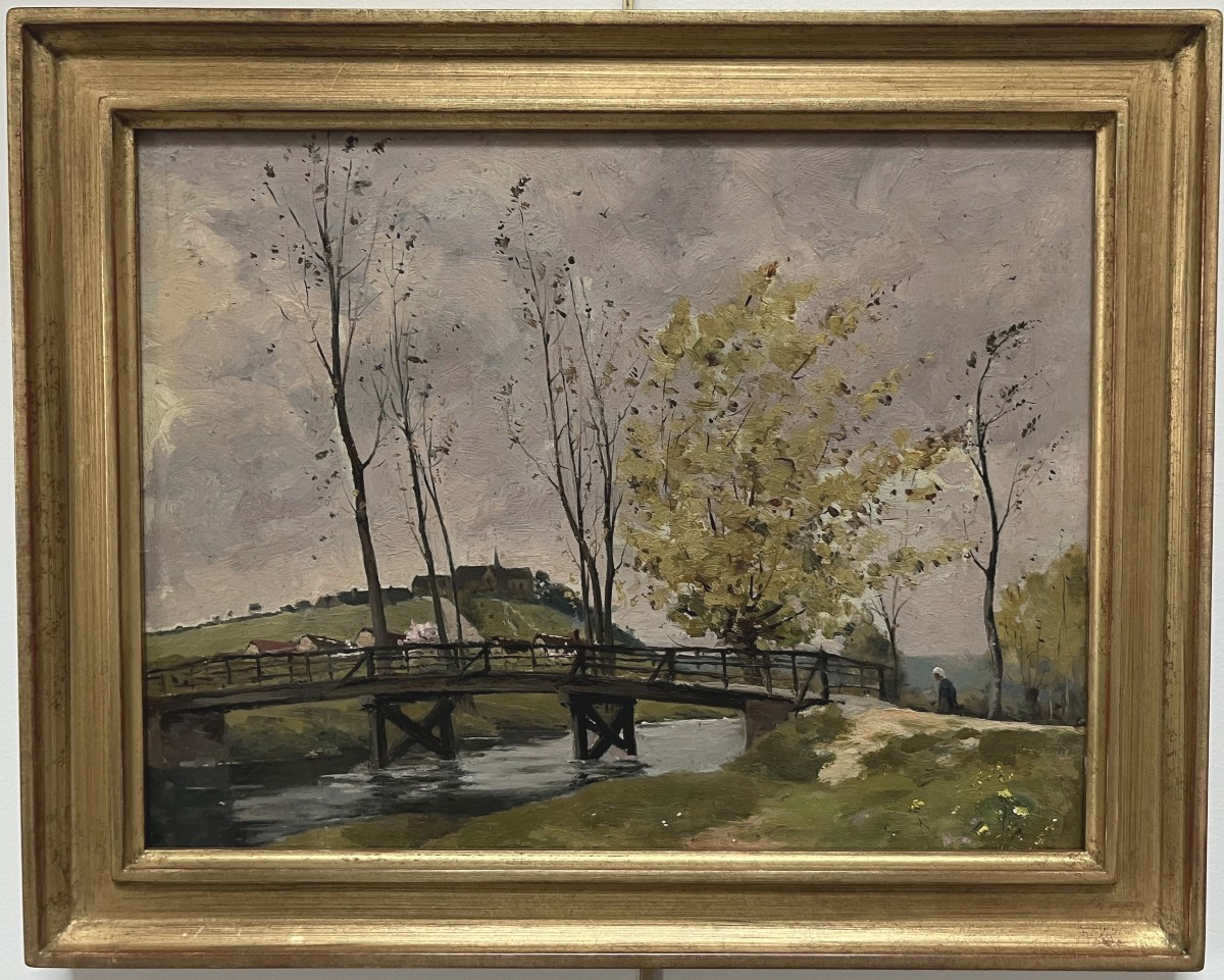 Paul Lecomte (1842-1920) Landscape With A Bridge, Oil Painting-photo-1