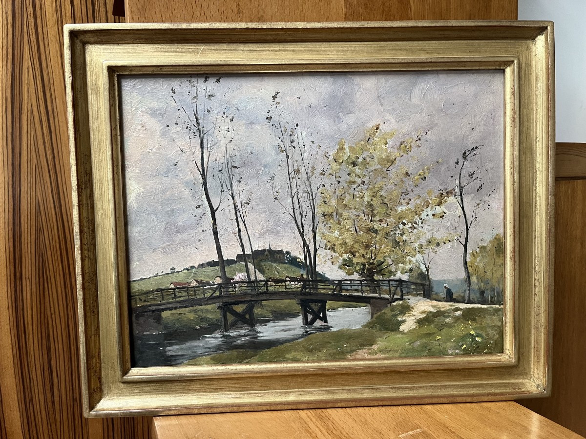 Paul Lecomte (1842-1920) Landscape With A Bridge, Oil Painting-photo-3