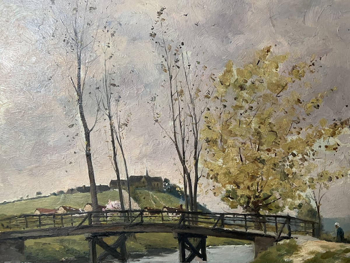 Paul Lecomte (1842-1920) Landscape With A Bridge, Oil Painting-photo-4