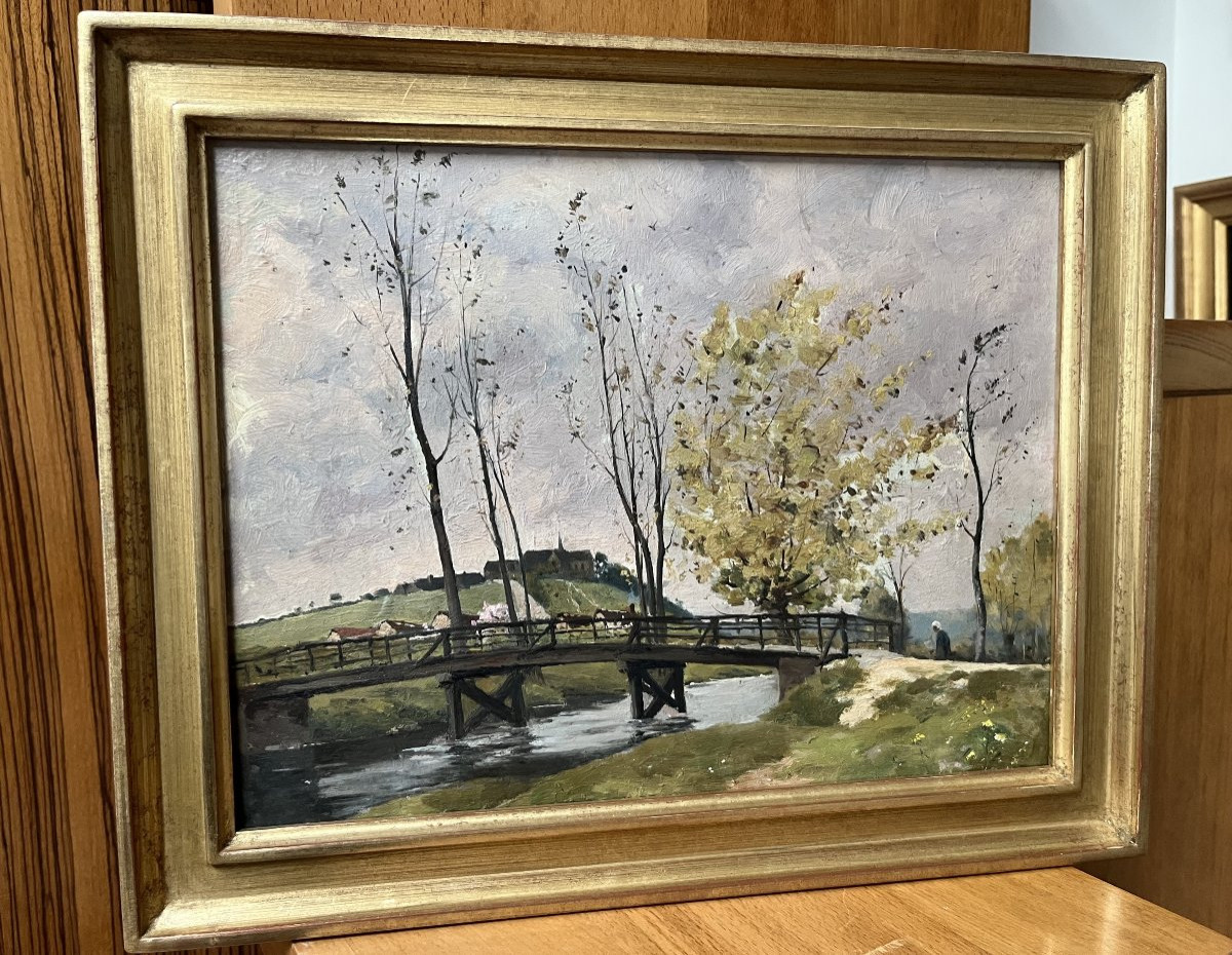 Paul Lecomte (1842-1920) Landscape With A Bridge, Oil Painting-photo-5