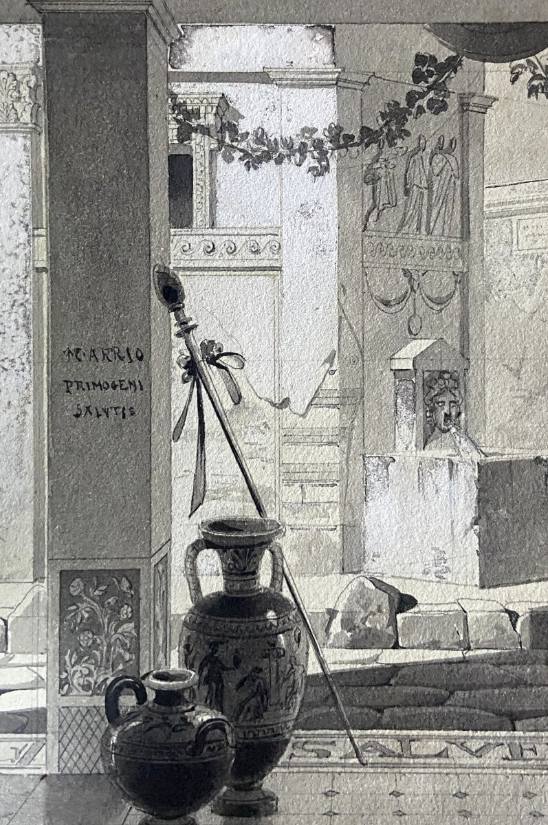 Ecole française du XIX° siècle, Un atrium antique, dessin signé-photo-2