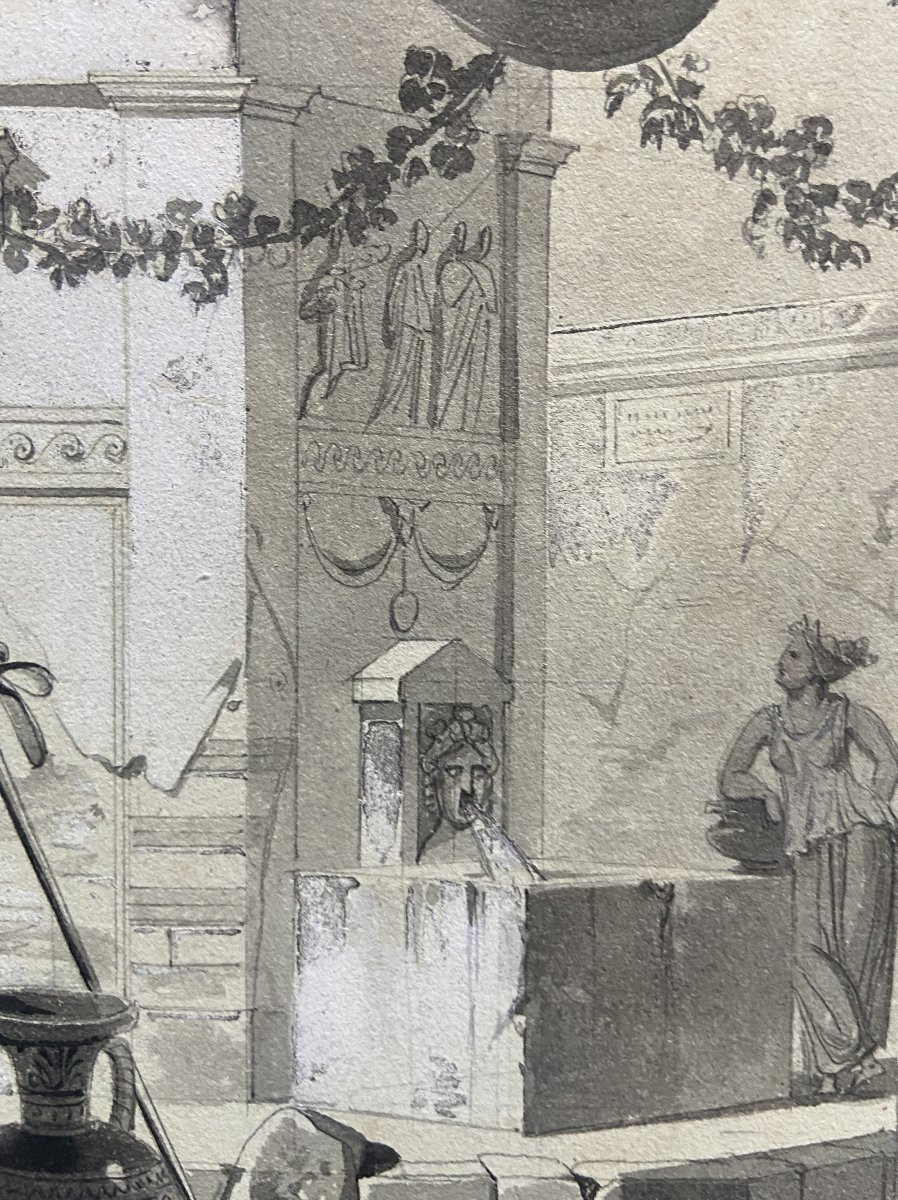 Ecole française du XIX° siècle, Un atrium antique, dessin signé-photo-3