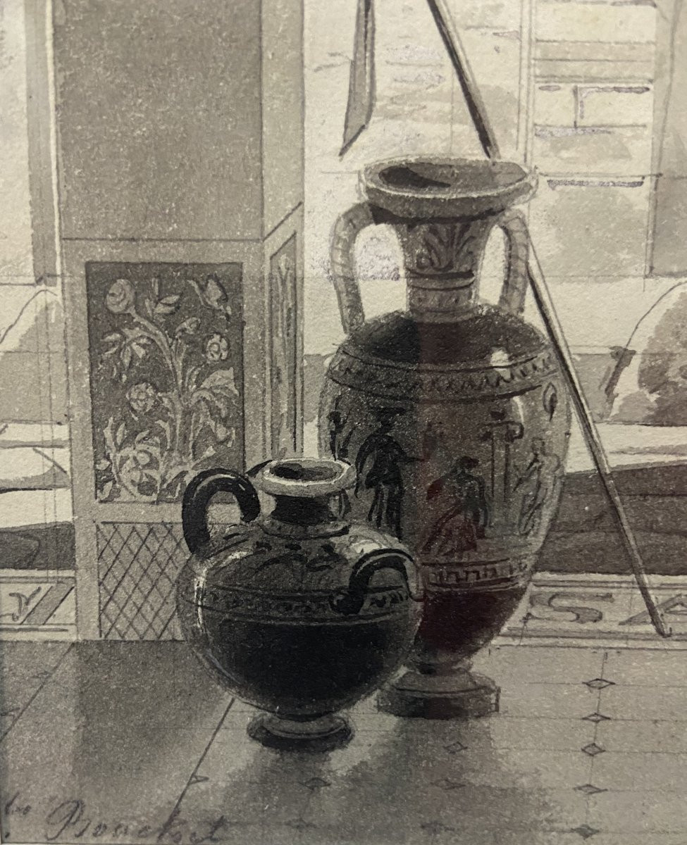 Ecole française du XIX° siècle, Un atrium antique, dessin signé-photo-4