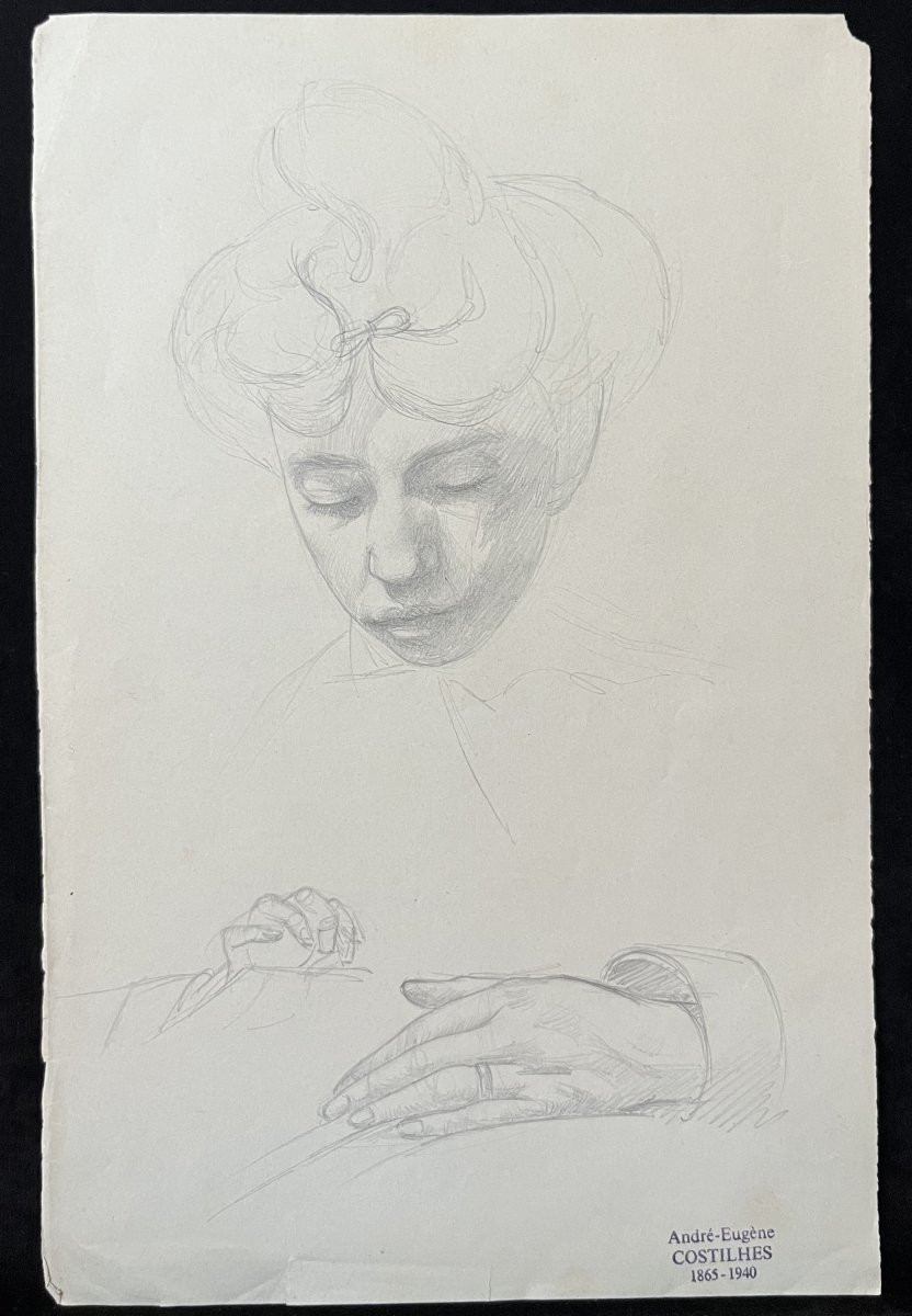 André Eugène Costilhes (1865-1940) Une jeune femme cousant, dessin -photo-2