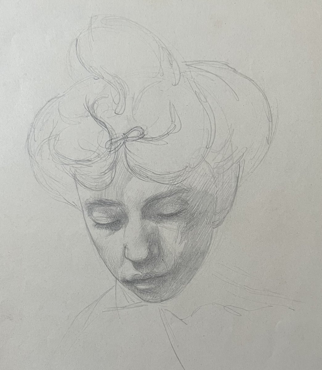 André Eugène Costilhes (1865-1940) Une jeune femme cousant, dessin -photo-4