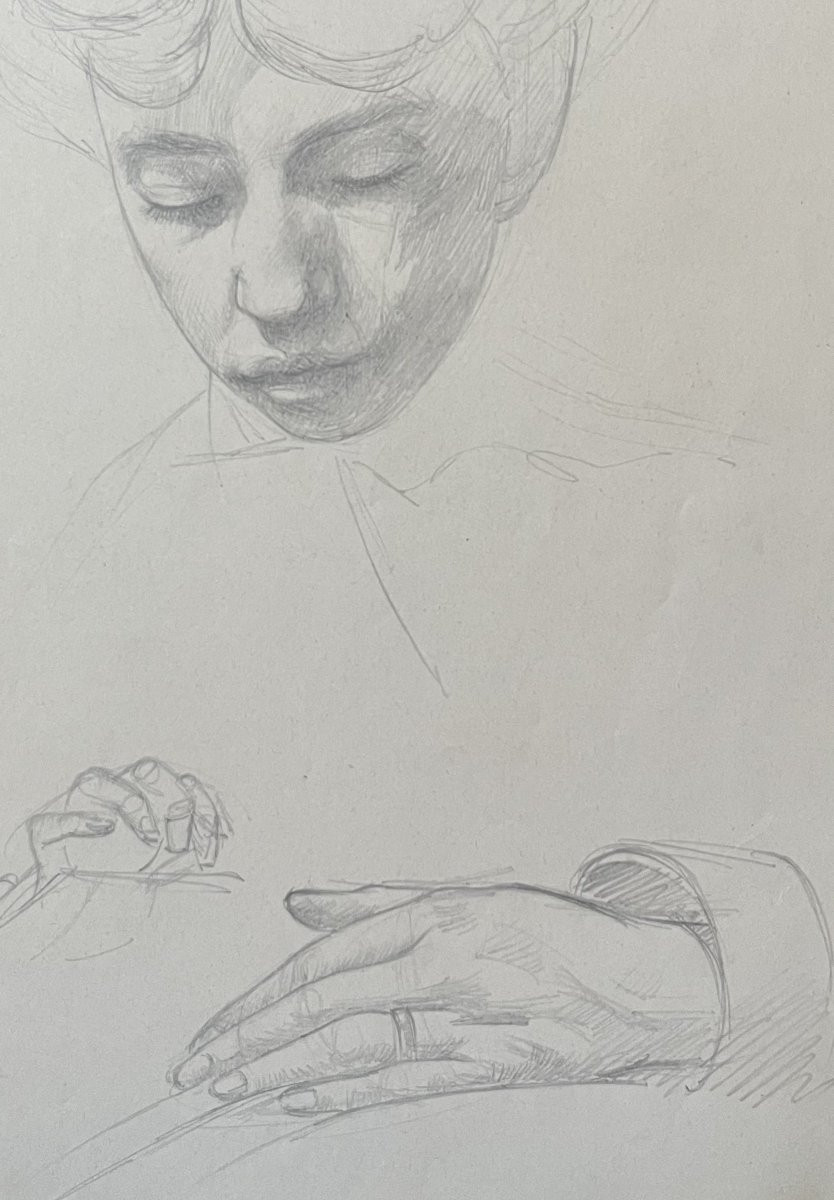 André Eugène Costilhes (1865-1940) Une jeune femme cousant, dessin -photo-3