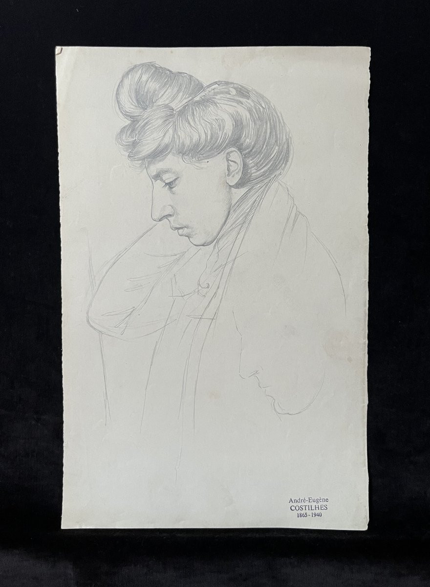 André Eugène Costilhes (1865-1940) Jeune femme de profil, dessin-photo-3