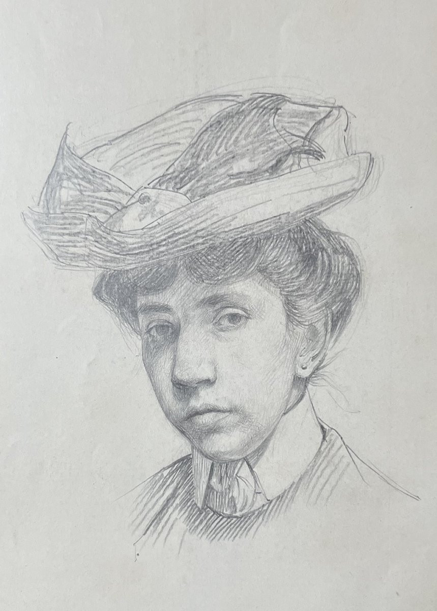 André Eugène Costilhes (1865-1940) Portrait d'une jeune femme au chapeau, dessin-photo-3