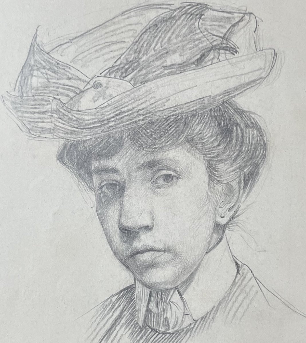 André Eugène Costilhes (1865-1940) Portrait d'une jeune femme au chapeau, dessin-photo-1