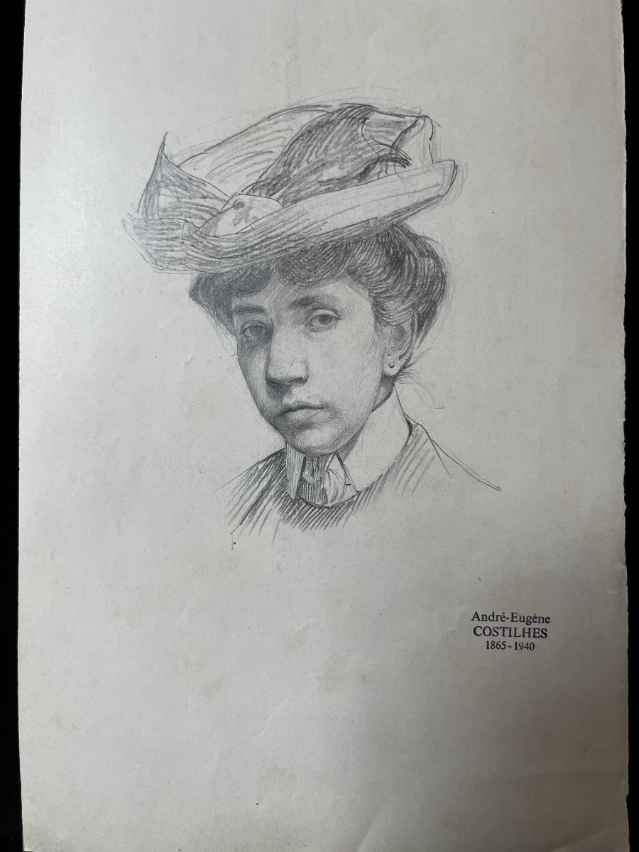 André Eugène Costilhes (1865-1940) Portrait d'une jeune femme au chapeau, dessin-photo-2