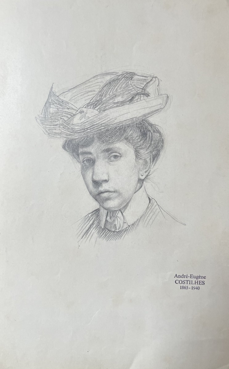 André Eugène Costilhes (1865-1940) Portrait d'une jeune femme au chapeau, dessin