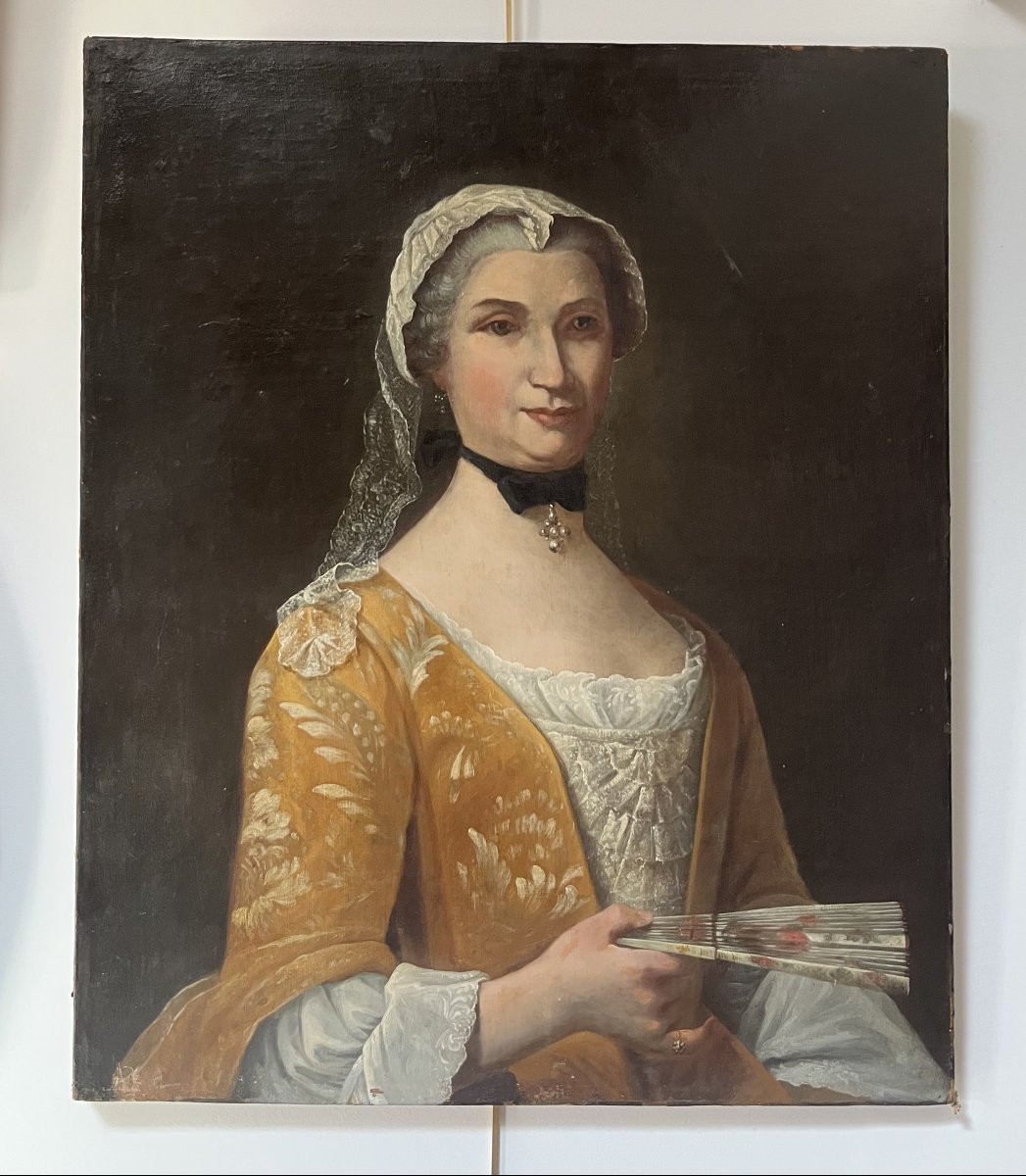  École française du XIXe siècle, Portrait d'une dame à l'éventail, huile sur toile-photo-2
