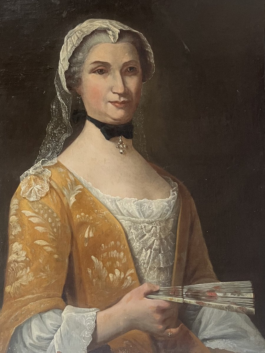  École française du XIXe siècle, Portrait d'une dame à l'éventail, huile sur toile-photo-3