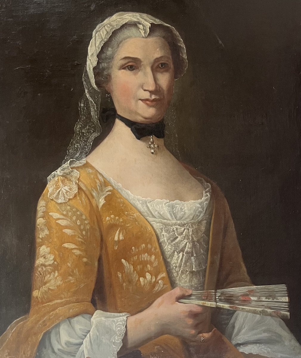  École française du XIXe siècle, Portrait d'une dame à l'éventail, huile sur toile-photo-3