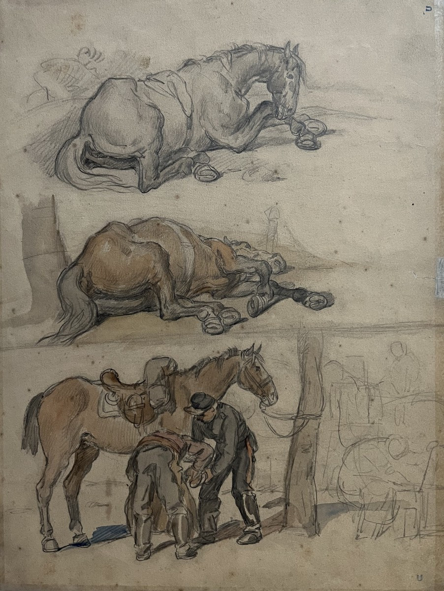 Auguste Gardanne (1840-1890)  Carrosses et chevaux, Guerre de 1870, aquarelle double face-photo-2