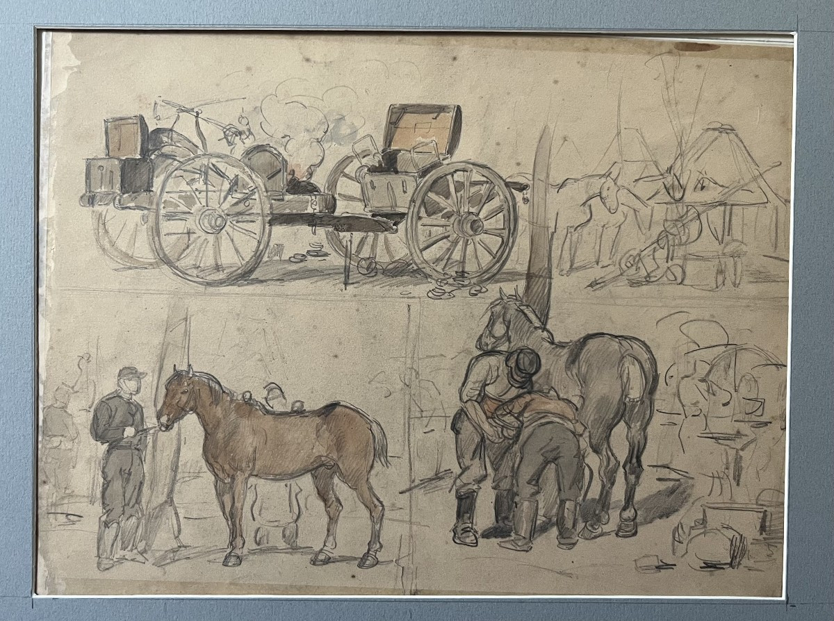Auguste Gardanne (1840-1890)  Carrosses et chevaux, Guerre de 1870, aquarelle double face-photo-3