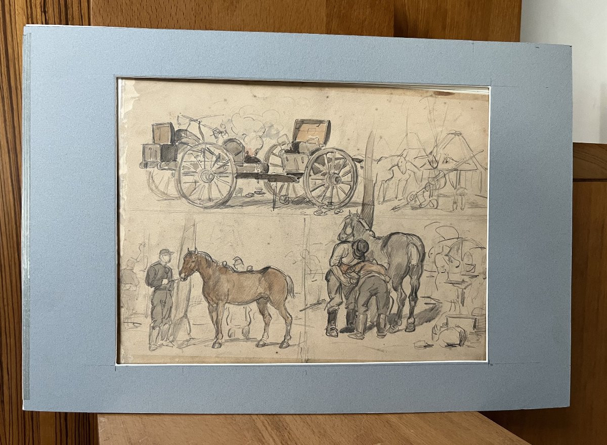 Auguste Gardanne (1840-1890)  Carrosses et chevaux, Guerre de 1870, aquarelle double face-photo-1