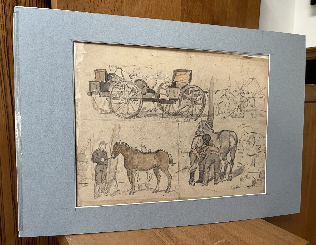 Auguste Gardanne (1840-1890)  Carrosses et chevaux, Guerre de 1870, aquarelle double face-photo-2