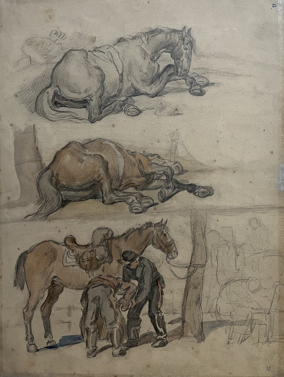 Auguste Gardanne (1840-1890)  Carrosses et chevaux, Guerre de 1870, aquarelle double face-photo-3