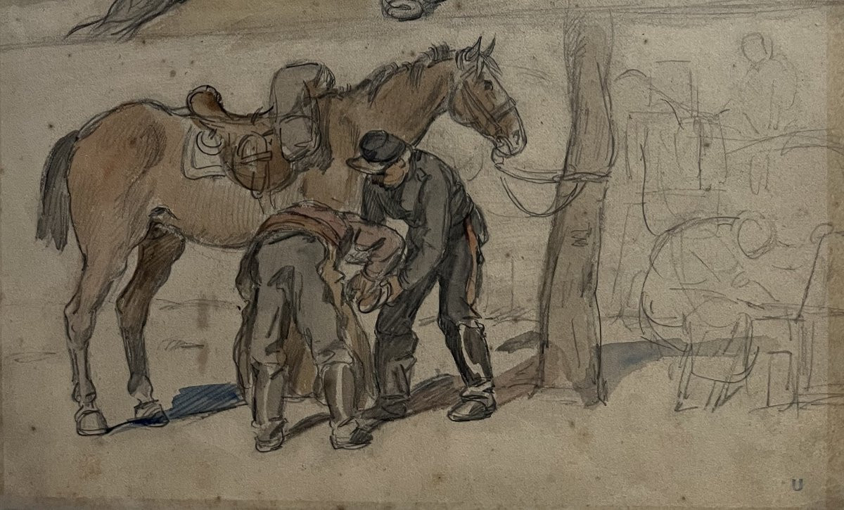 Auguste Gardanne (1840-1890)  Carrosses et chevaux, Guerre de 1870, aquarelle double face-photo-4