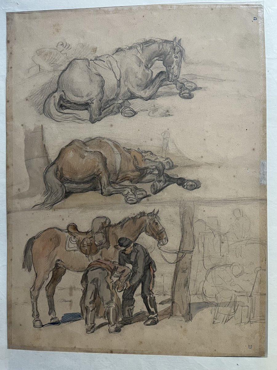 Auguste Gardanne (1840-1890)  Carrosses et chevaux, Guerre de 1870, aquarelle double face-photo-6