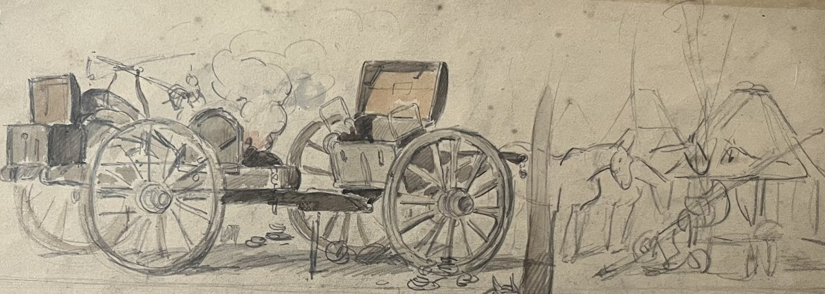 Auguste Gardanne (1840-1890)  Carrosses et chevaux, Guerre de 1870, aquarelle double face-photo-8
