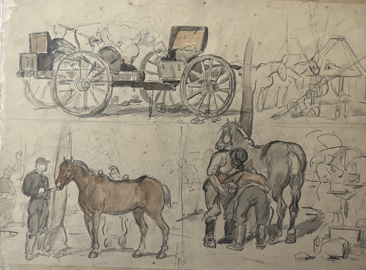 Auguste Gardanne (1840-1890)  Carrosses et chevaux, Guerre de 1870, aquarelle double face