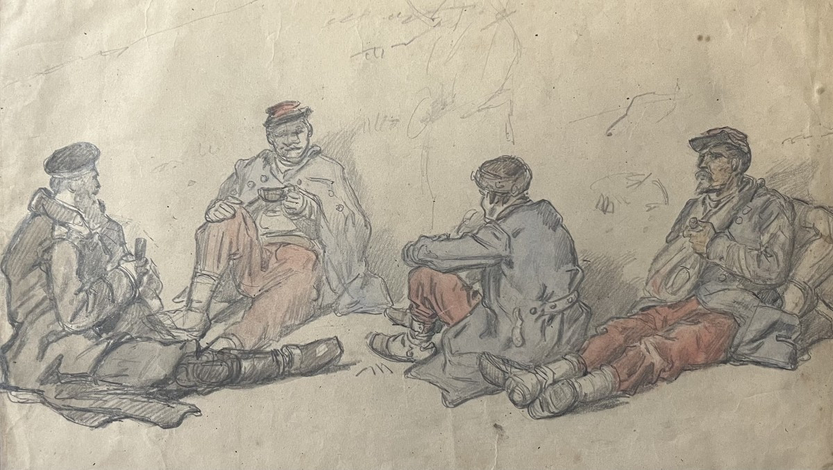 Auguste Gardanne (1840-1890)  Soldats au repos, Guerre de 1870, aquarelle