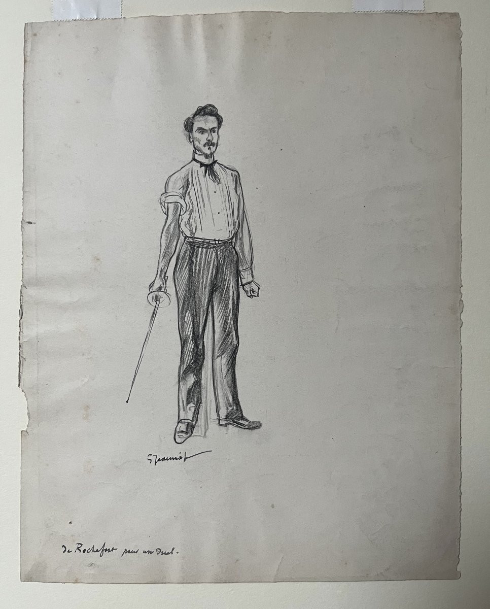 Pierre-Georges Jeanniot (1848-1934) Henri Rochefort prêt pour un duel, dessin signé et titré-photo-2