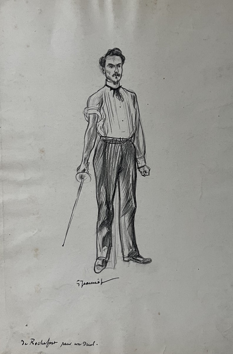 Pierre-Georges Jeanniot (1848-1934) Henri Rochefort prêt pour un duel, dessin signé et titré-photo-3