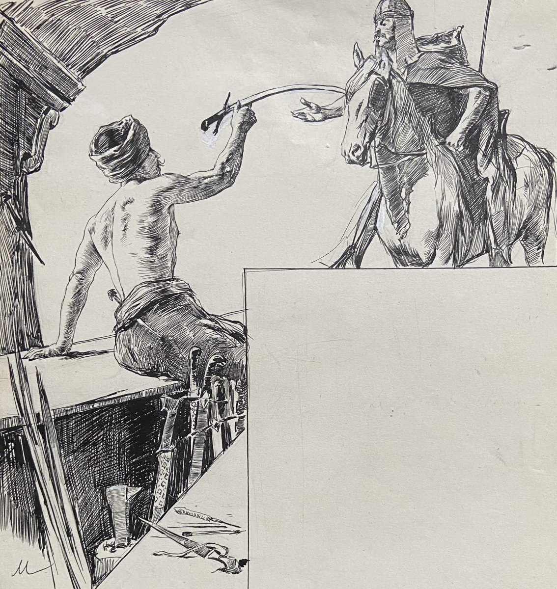 Felician Myrbach (1853-1940) Le Cadeau de Sahagun, dessin à la plume-photo-4