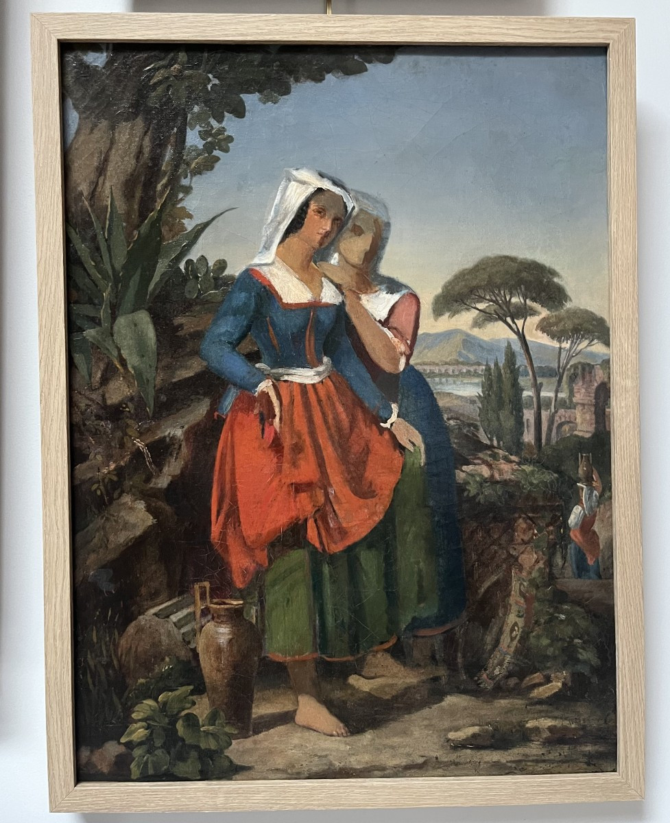 École française du XIXe siècle,  Deux femmes italiennes dans un paysage,  huile sur toile-photo-2