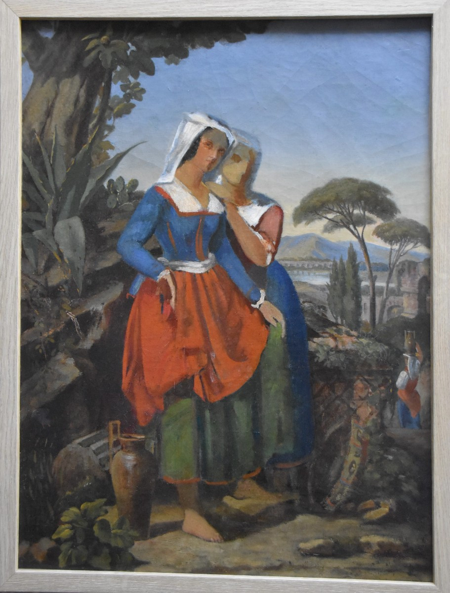 École française du XIXe siècle,  Deux femmes italiennes dans un paysage,  huile sur toile-photo-3