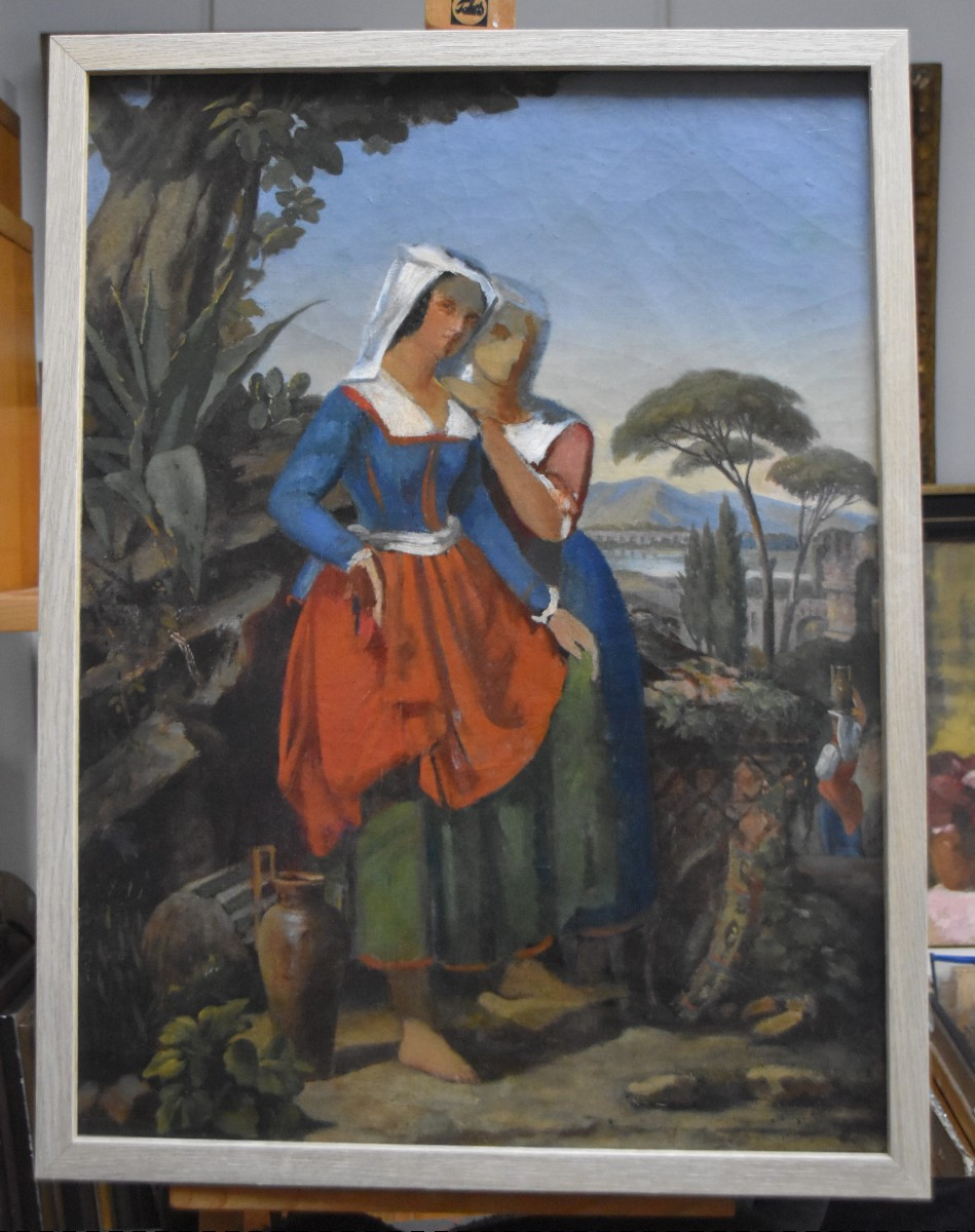 École française du XIXe siècle,  Deux femmes italiennes dans un paysage,  huile sur toile-photo-4