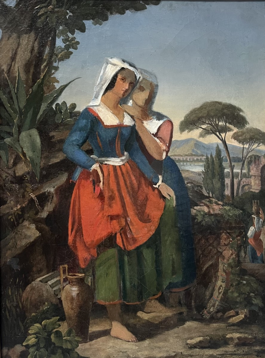 École française du XIXe siècle,  Deux femmes italiennes dans un paysage,  huile sur toile