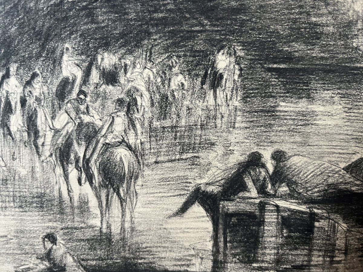 Edouard Dufeu (1836-1900)  Scène fantastique au bord d'un lac, dessin signé-photo-4