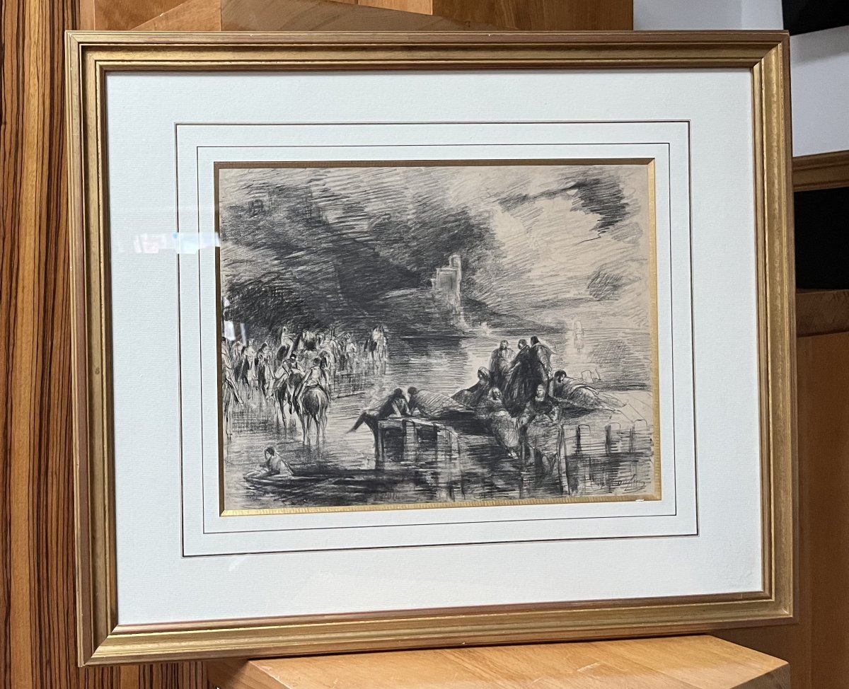 Edouard Dufeu (1836-1900)  Scène fantastique au bord d'un lac, dessin signé-photo-7