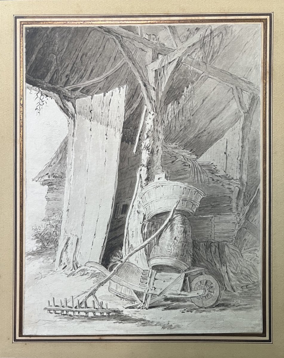 École française du XVIIIe siècle,  Intérieur d'une grange, dessin-photo-3