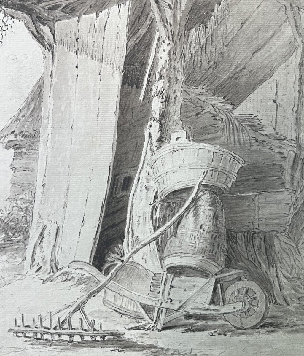 École française du XVIIIe siècle,  Intérieur d'une grange, dessin-photo-4