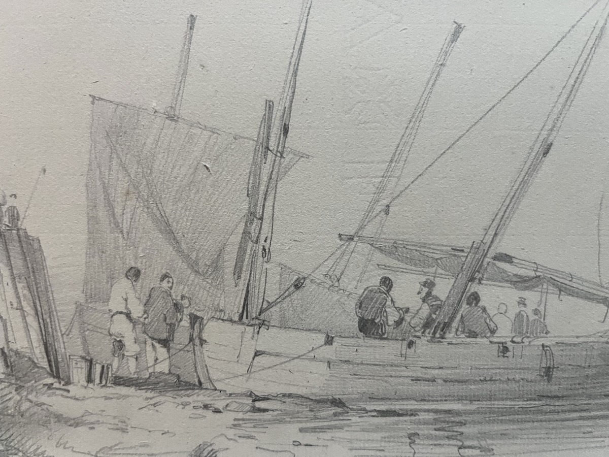 French School, 19th Century, Lw (?) Port Scene, Activity Around A Sailboat, Drawing-photo-4