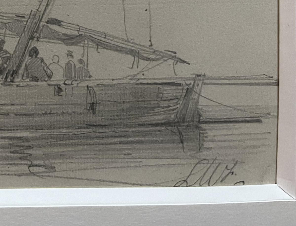 French School, 19th Century, Lw (?) Port Scene, Activity Around A Sailboat, Drawing-photo-2