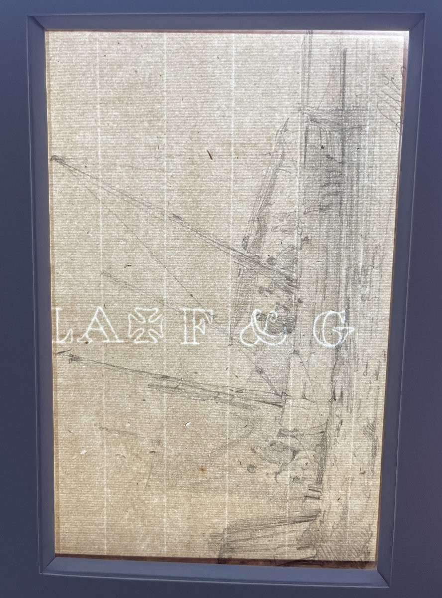 French School, 19th Century, Lw (?) Port Scene, Activity Around A Sailboat, Drawing-photo-4