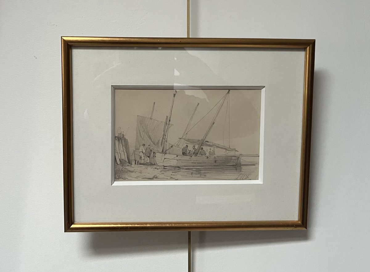 French School, 19th Century, Lw (?) Port Scene, Activity Around A Sailboat, Drawing-photo-5