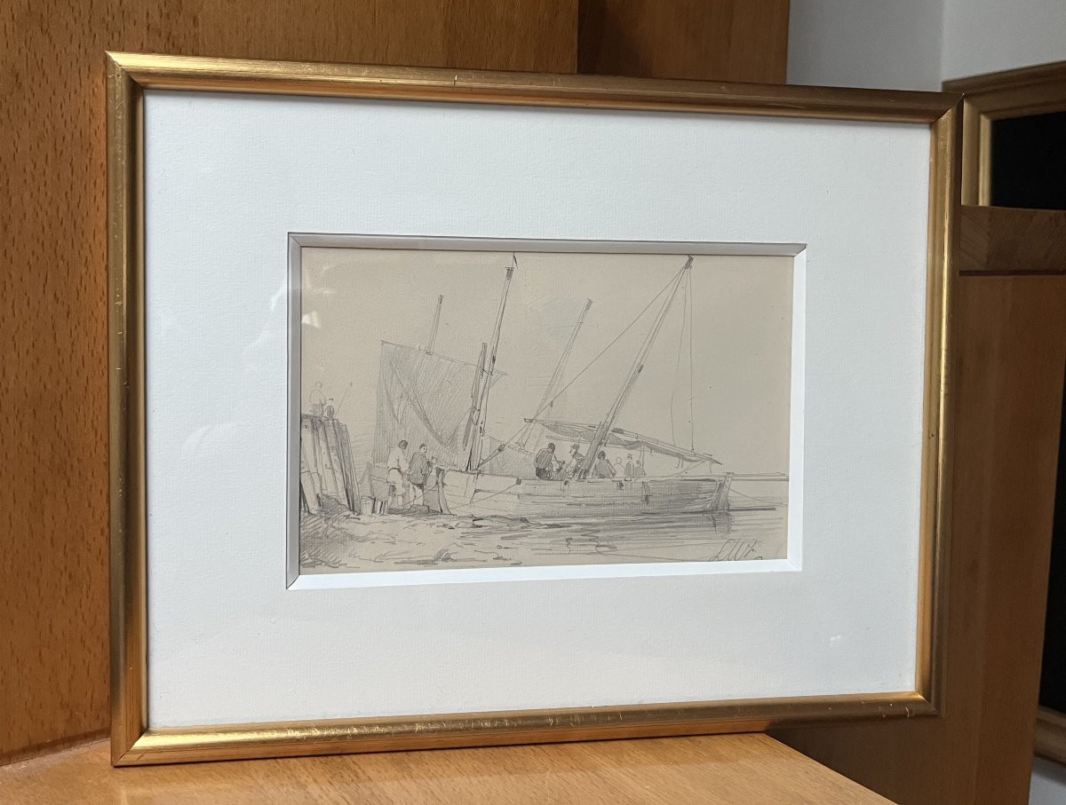 French School, 19th Century, Lw (?) Port Scene, Activity Around A Sailboat, Drawing-photo-6